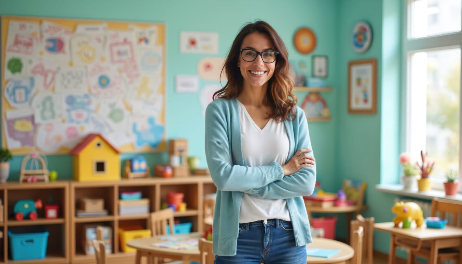 A smiling teacher standing with arms folded in a bright classroom